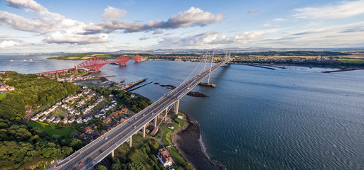 The Forth Brisges spanning over the Firth of Forth (bay) near Edinburgh, Scotland, UK