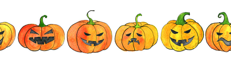 seamless pattern with watercolor halloween pumpkins