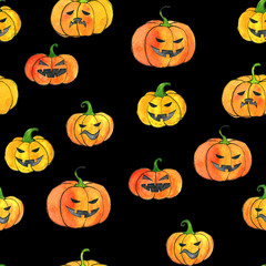 seamless pattern with watercolor halloween pumpkins
