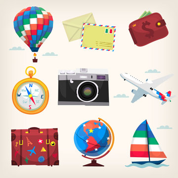 Set of colorful travel items