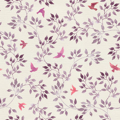 Seamless retro wallpaper with cute birds and ditsy hand painted leaves. Vintage watercolor