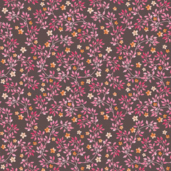 Seamless vintage pattern - hand painted small leaves and tiny flowers. Watercolour pink design on dark brown background