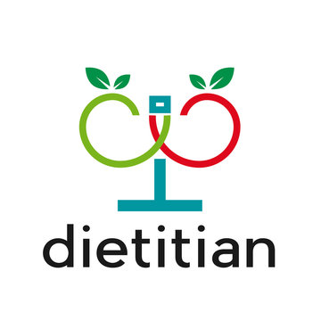 Vector sign diet, dietitian. weight scale with apples