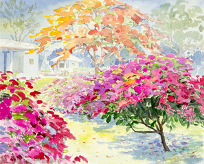 painting colorful of Paper flower in garden and emotion