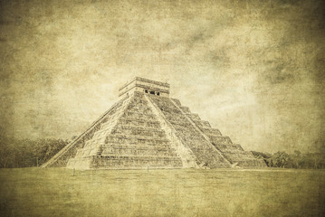 Vintage image of El Castillo or Temple of Kukulkan pyramid, Chichen Itza, Yucatan, Mexico