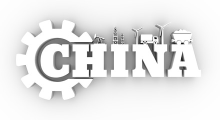 Energy and Power icons. Sustainable energy generation and heavy industry. China word decorated by gear. 3D rendering.