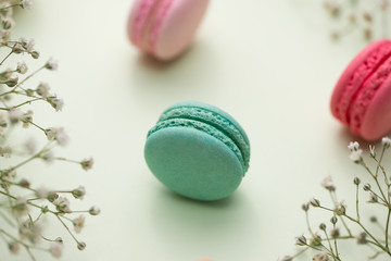 Dessert. Sweet macarons or macaroons with flowers.