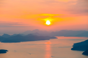Fototapeta premium A view of Elafiti islands in the Adriatic sea next to Dubrovnik at sunset. 
