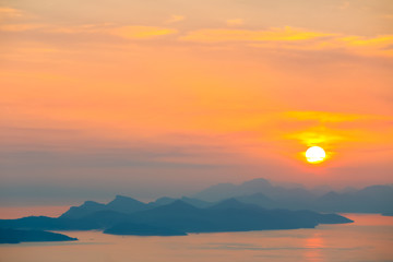 Naklejka premium A view of Elafiti islands in the Adriatic sea next to Dubrovnik at sunset. 