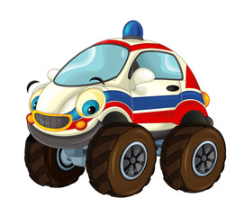 Cartoon happy and funny ambulance car looking like off road vehicle - isolated illustration for children