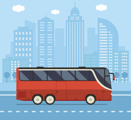 Public transport illustration with red city bus driving on downtown road. Vector concept background or banner.