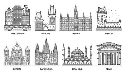 European monuments and landmarks. Europe travel destinations with famous buildings and tourist attractions in line art design. Top cities including Barcelona, Vienna, Istanbul, Berlin, Rome and more. 