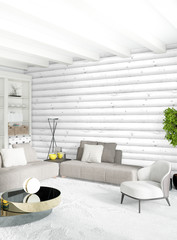 White bedroom minimal style Interior design with wood wall. 3D Rendering. 3D illustration