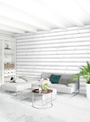 White bedroom minimal style Interior design with wood wall. 3D Rendering. 3D illustration