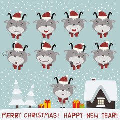 Merry christmas and Happy new year! Set face goat for christmas and new year design. Collection isolated heads of goat in cartoon style.