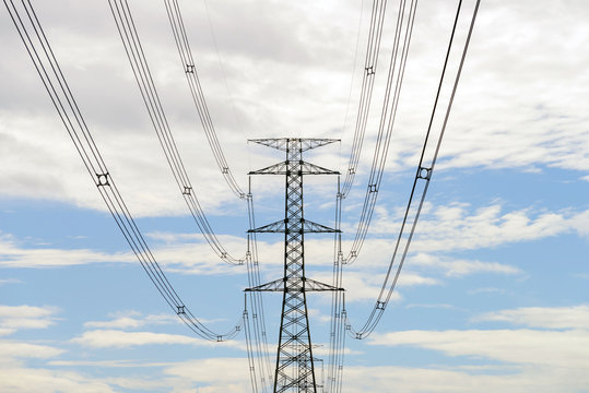 High voltage electricity pylon system, Electricity transmission power lines.