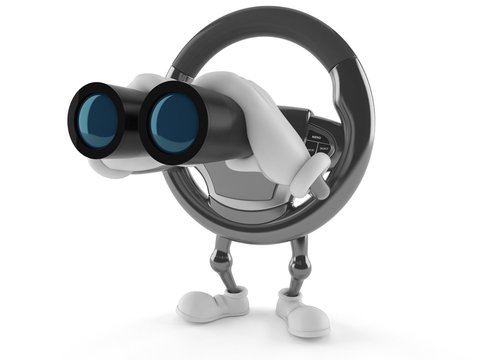 Car steering wheel character looking through binoculars