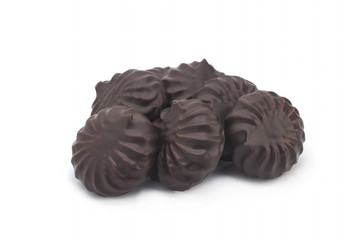 chocolate covered marshmallows on white background