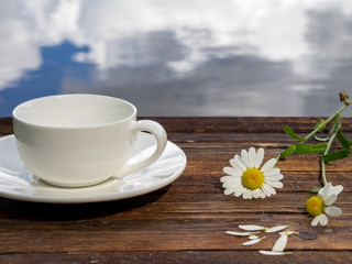 Empty White cup  with spring flowers on wooden background. Herbal tea Lifestyle Spring Breakfast Light background with flowers. Copy space. Nature Relax concept.