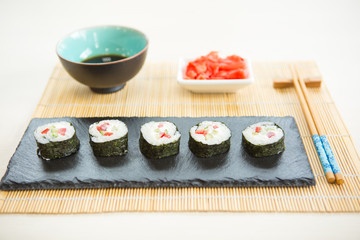 Sushi roll sushi with fish, cream cheese and vegetables. Sushi menu. Japanese food