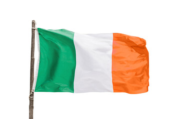 Irish flag on a wooden pole isolated on white background, Ireland symbol