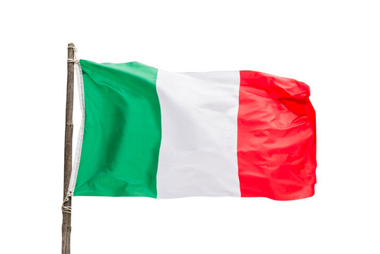 Italian Flag On A Wooden Pole Isolated On White Background, Italy Symbol