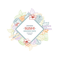 Doodle sushi restaurant and delivery design template. Asian food composition.