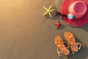 Fototapeta na wymiar beach accessories on the sandy beach in sunlight