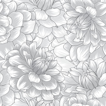 Beautiful monochrome abstract seamless hand drawn floral pattern with dahlias flowers. Vector illustration. Element for design.