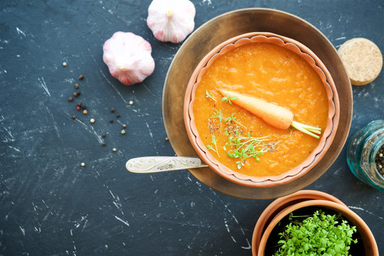 Carrot soup with young parsley. Roasted carrots and tomatoes 
