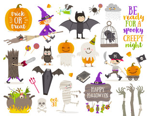 Fototapeta premium Set of halloween sign, symbol, objects, items and cartoon characters. Vector illustration.