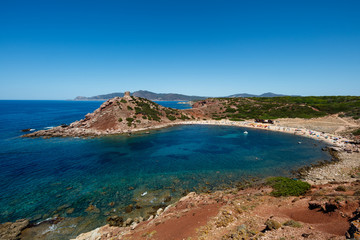 Obraz premium Beach and tower of Porticciolo, Cala Porticciolo, Sardaigne