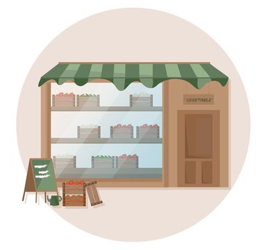 Fresh Grocery on a farm shelf store. Vector illustrations
