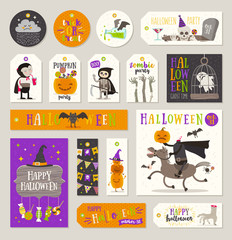 Set of Halloween gift tags and labels with cartoon characters, greetings, holiday sign and symbol. Vector illustration.