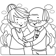 Senior couple at the park. Vector black and white coloring page.	