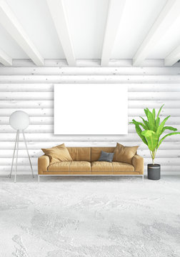 White bedroom minimal style Interior design with wood wall and dark sofa. 3D Rendering. 3D illustration