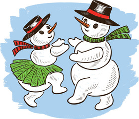 Cheerful snowmen are dancing in christmas time