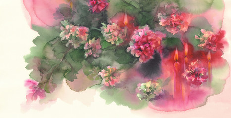 red pelargonium with candles watercolor background