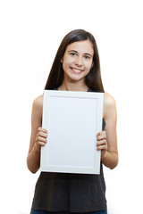 Fototapeta premium Woman hold white paper banner isolated over white background business girl
