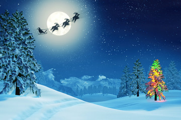 Fototapeta na wymiar Christmas tree and Santa in moonlit winter landscape at night