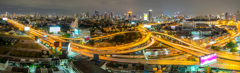 Fototapeta na wymiar panorama cityscape of Bangkok city downtown at night ,panoramic landscape Thailand 
