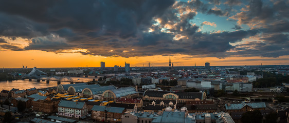 Panorama of the city from the top, Riga in sunset light, Latvia