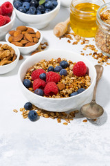 cottage cheese with granola and fresh berries for breakfast, vertical