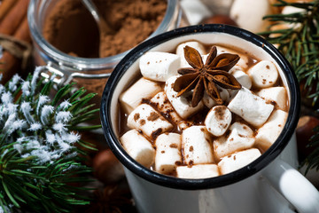 Obraz na płótnie Canvas cup of hot chocolate with marshmallows and sweets on wooden background, closeup top view