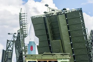 russian missile system on the  sky background. Selective focus.