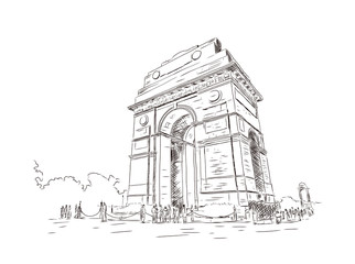 Hand drawn sketch illustration of India Gate, 42 meter high, eastern end of the Rajpath, New Delhi, Delhi, India, Asia in vector. - obrazy, fototapety, plakaty
