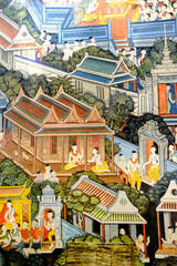Ancient Buddhist temple mural painting of the life of Buddha inside of Wat Pho in Bangkok, Thailand © sonatalitravel