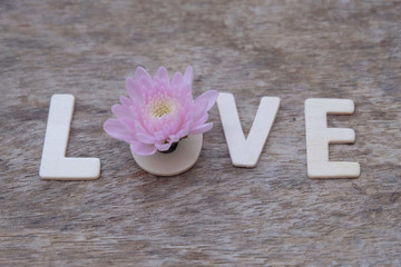 Love words made of wood and flowers on wooden background. 
