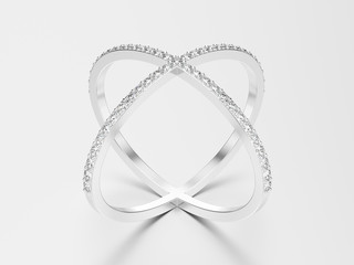 3D illustration white gold or silver two shanks diamond ring with reflection