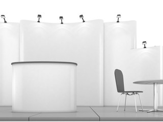 Blank creative exhibition stand design with color shapes. Booth template 01. 3D render